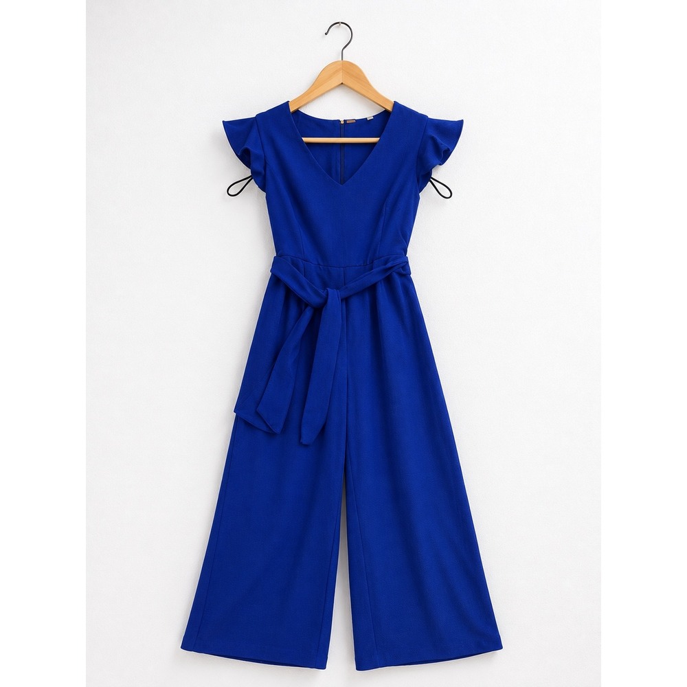 T Tahari Royal Blue Flutter Sleeve Wide Leg Jumpsuit Size 10 V-Neck Belted